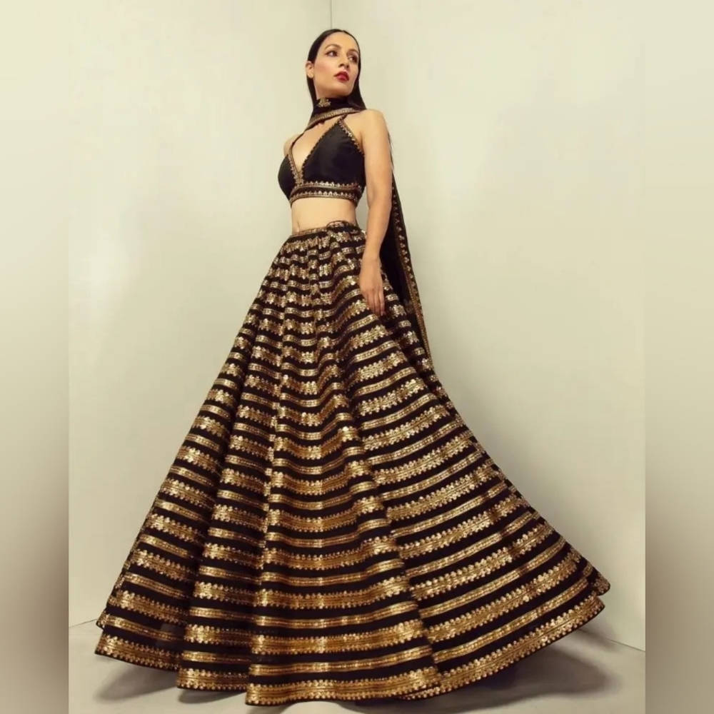 Silk with sequins & dori work Black and golden lehenga choli
